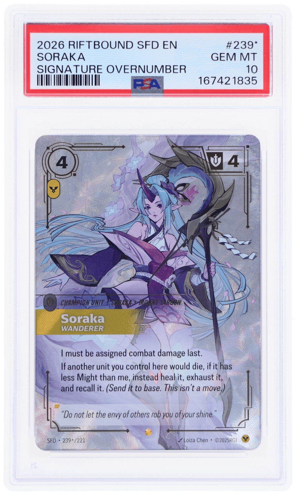 2026 Riftbound League of Legends Spiritforged Signature Overnumber Soraka #239 PSA 10