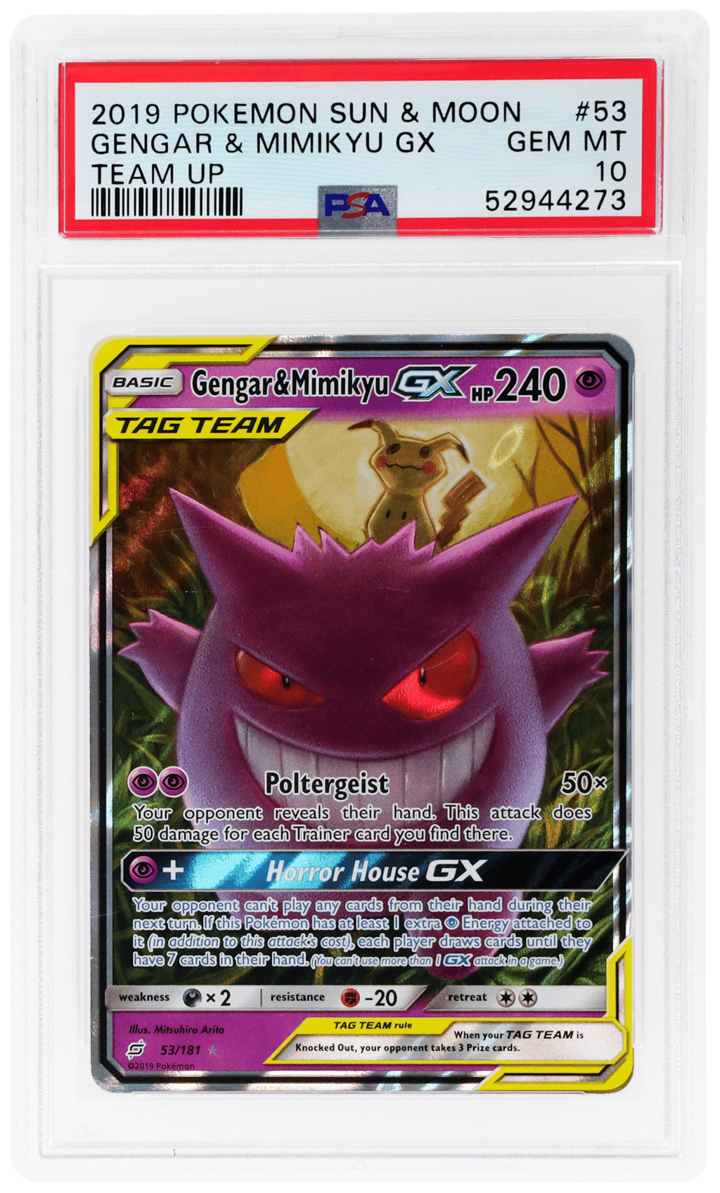 2019 Pokemon Sun and Moon Team Up Gengar/Mimikyu Gx #53 PSA 10