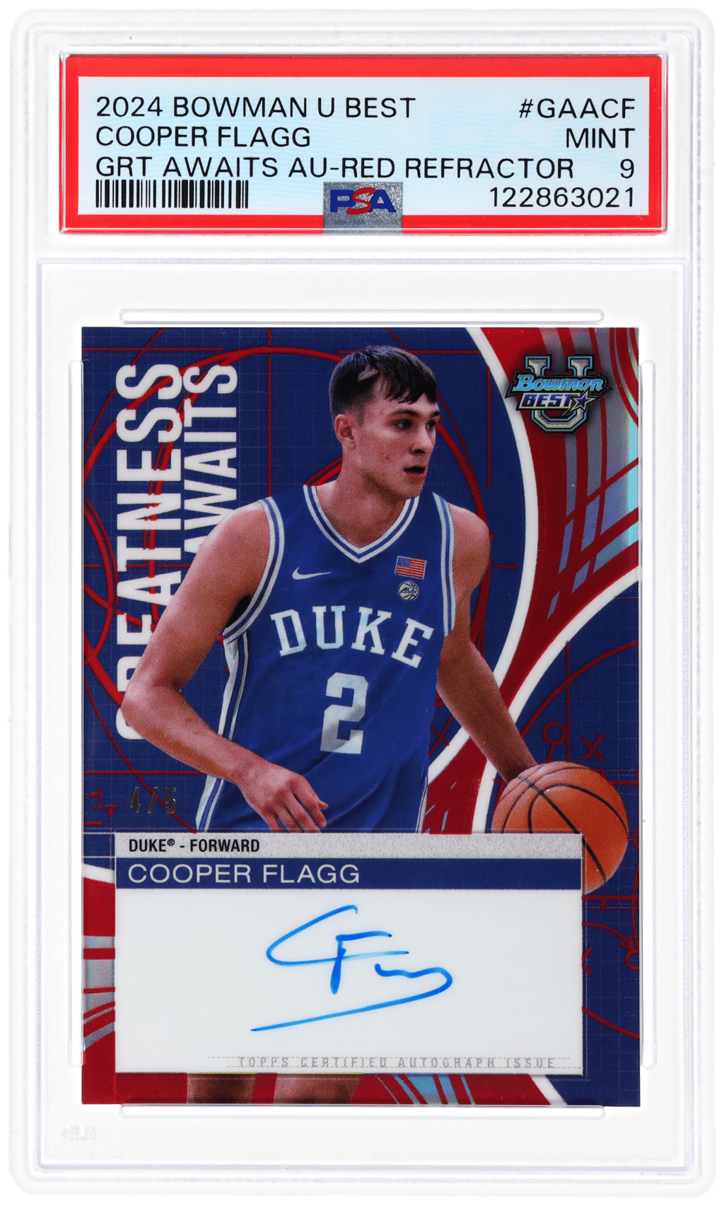 2024 Bowman's Best University Greatness Awaits Autographs Red Refractors Cooper Flagg #GAACF 4/5 PSA 9