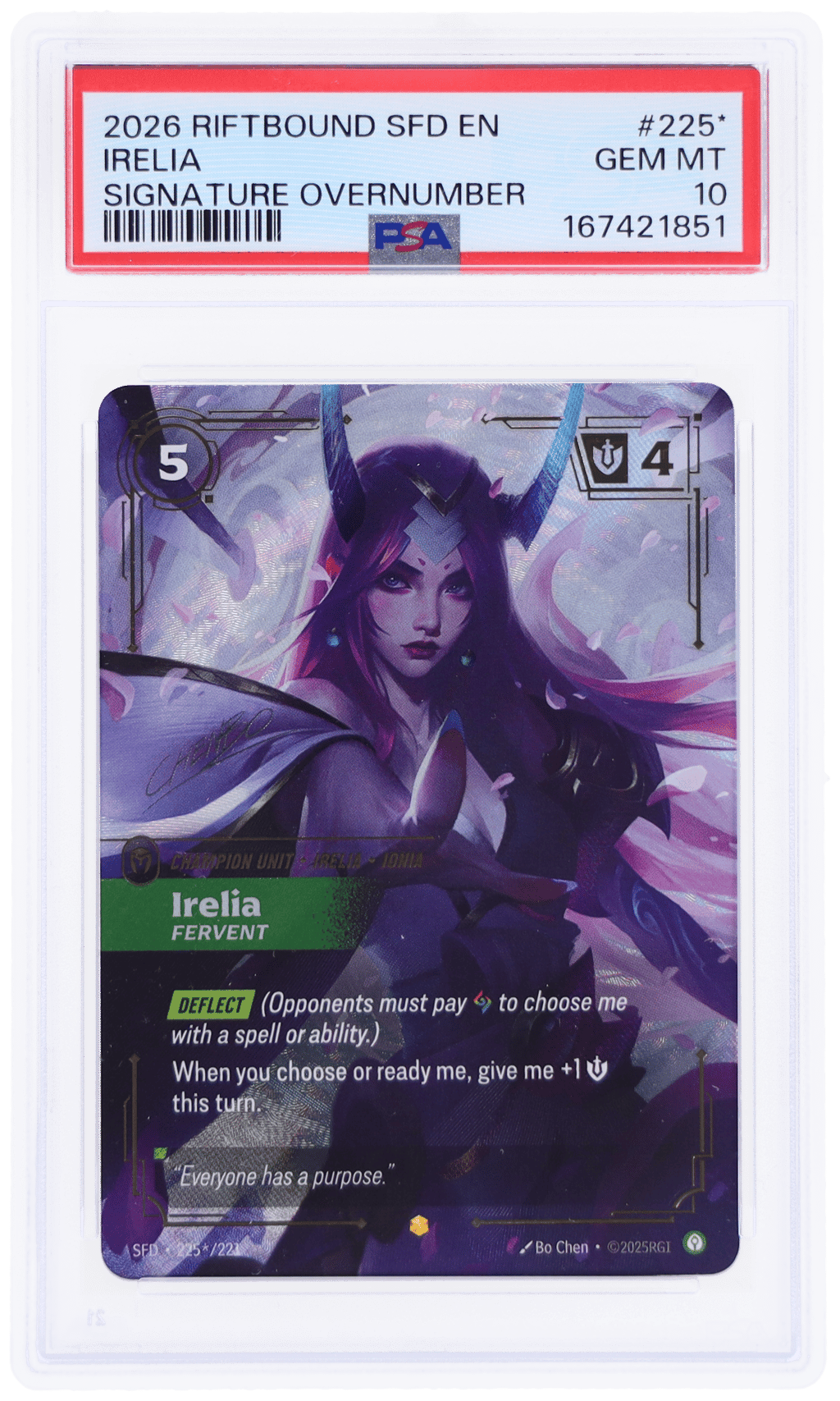 2026 Riftbound League of Legends Spiritforged Signature Overnumber Irelia #225* PSA 10