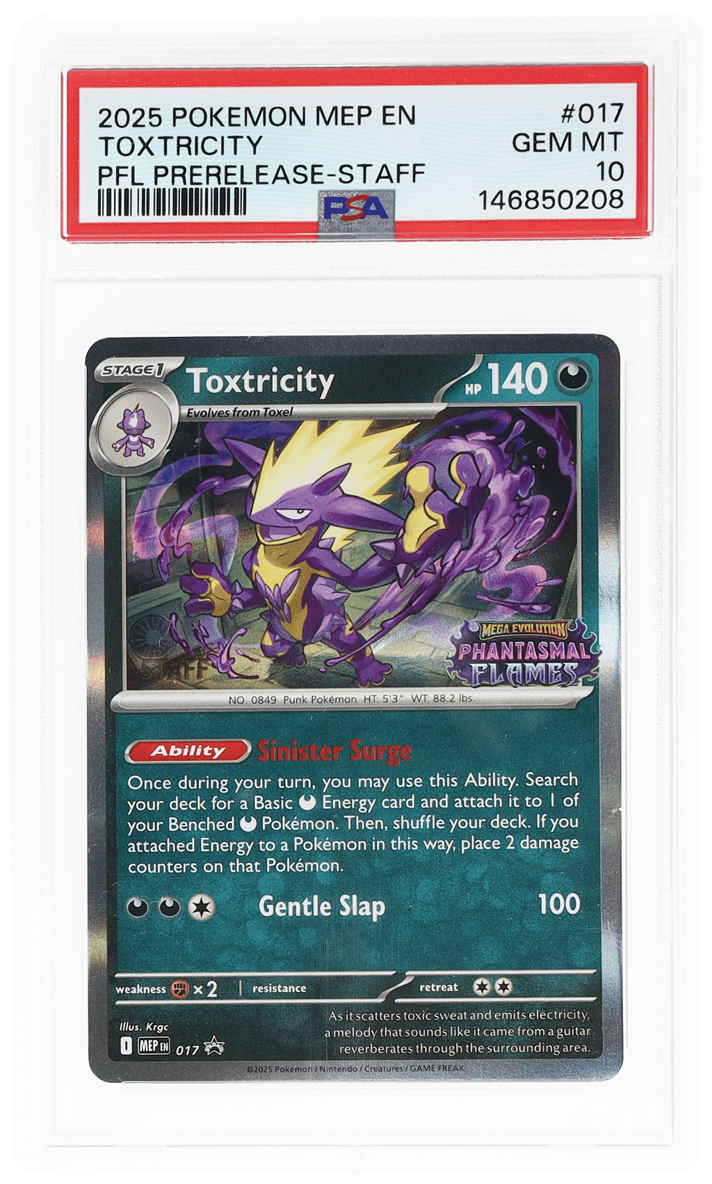 2025 Pokemon Black Star Promos Mega Evolution Phantasmal Flames Prerelease Staff Toxtricity #017 PSA 10