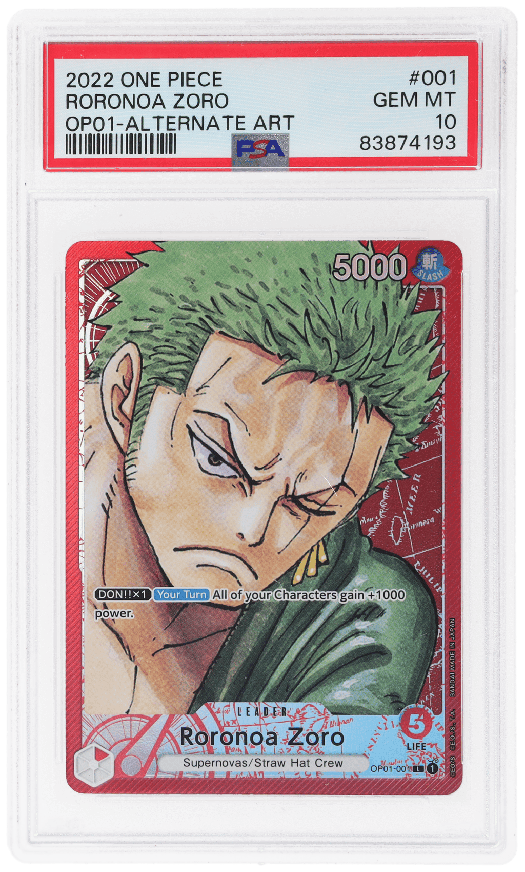 2022 One Piece Romance Dawn Alternate Art Roronoa Zoro #OP01-001 PSA 10