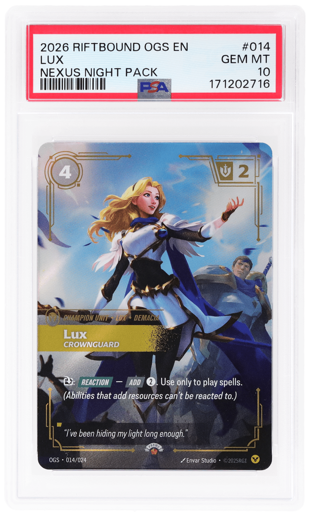 2026 Riftbound League of Legends Origins Proving Grounds Spiritforged Nexus Night Pack Lux #014 PSA 10