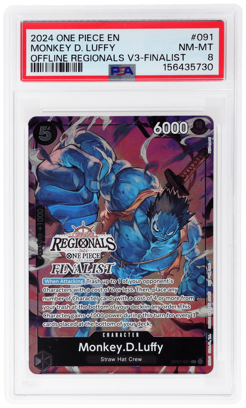 2024 One Piece Promo Offline Regional Volume 3 Finalist Monkey D. Luffy #OP07-091 PSA 8