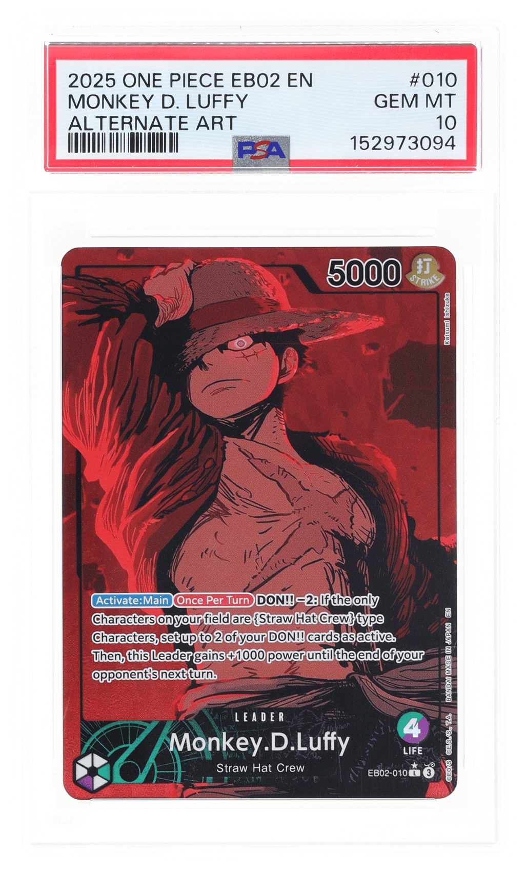 2025 One Piece Extra Booster Anime 25th Collection Alternate Art Monkey D. Luffy #EB02010 PSA 10