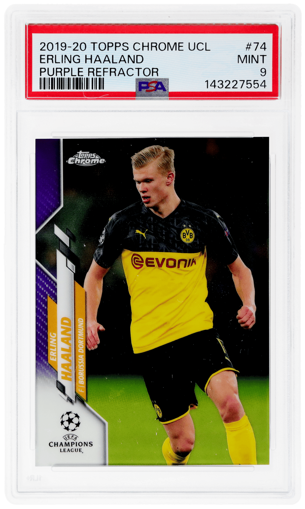 2019 Topps Chrome UEFA Champions League Purple Refractor Erling Haaland #74 107/250 PSA 9