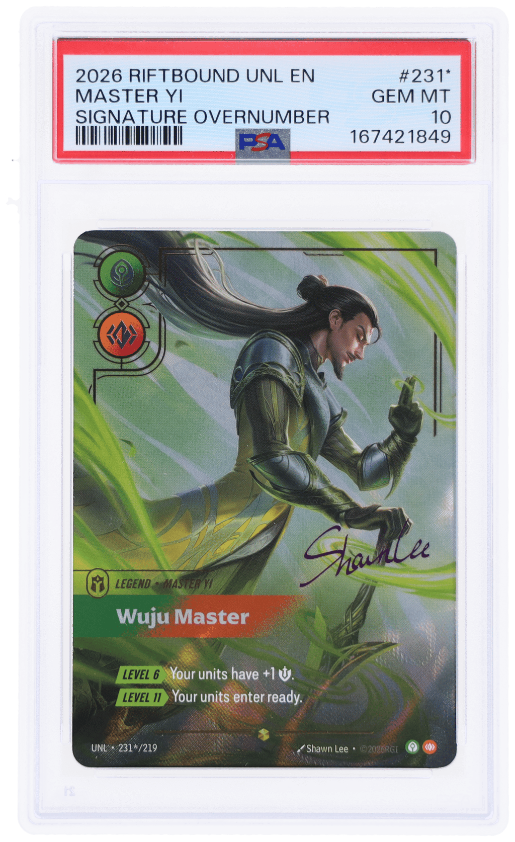 2026 Riftbound League of Legends Unleashed Signature Overnumber Master Yi #231* PSA 10