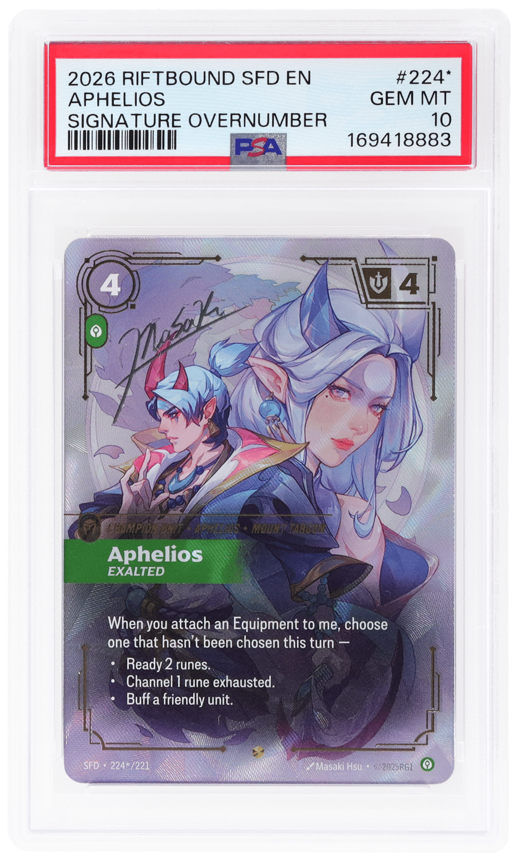 2026 Riftbound League of Legends Spiritforged Exalted Signature Overnumber Aphelios #224* PSA 10