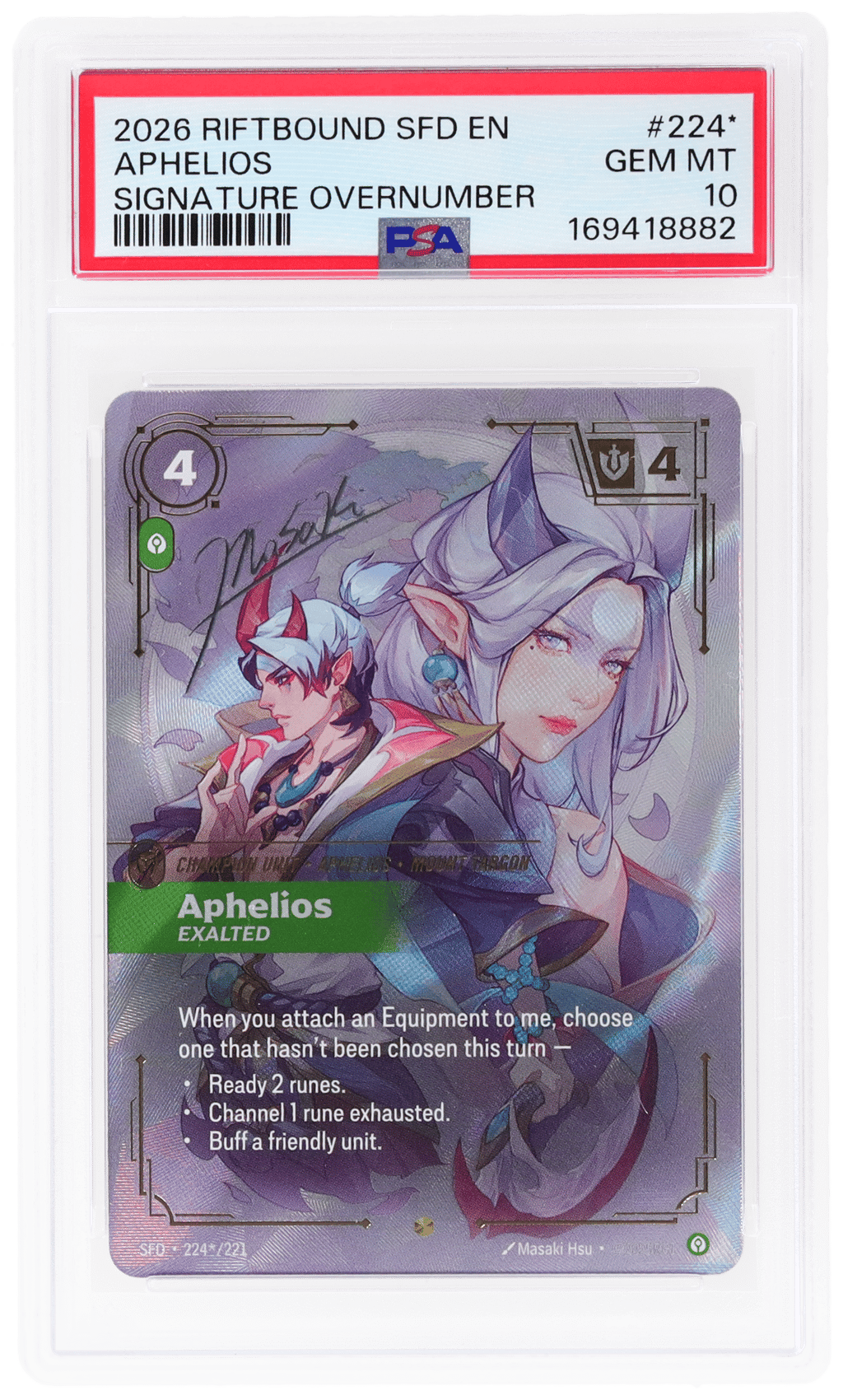 2026 Riftbound League of Legends Spiritforged Exalted Signature Overnumber Aphelios #224* PSA 10