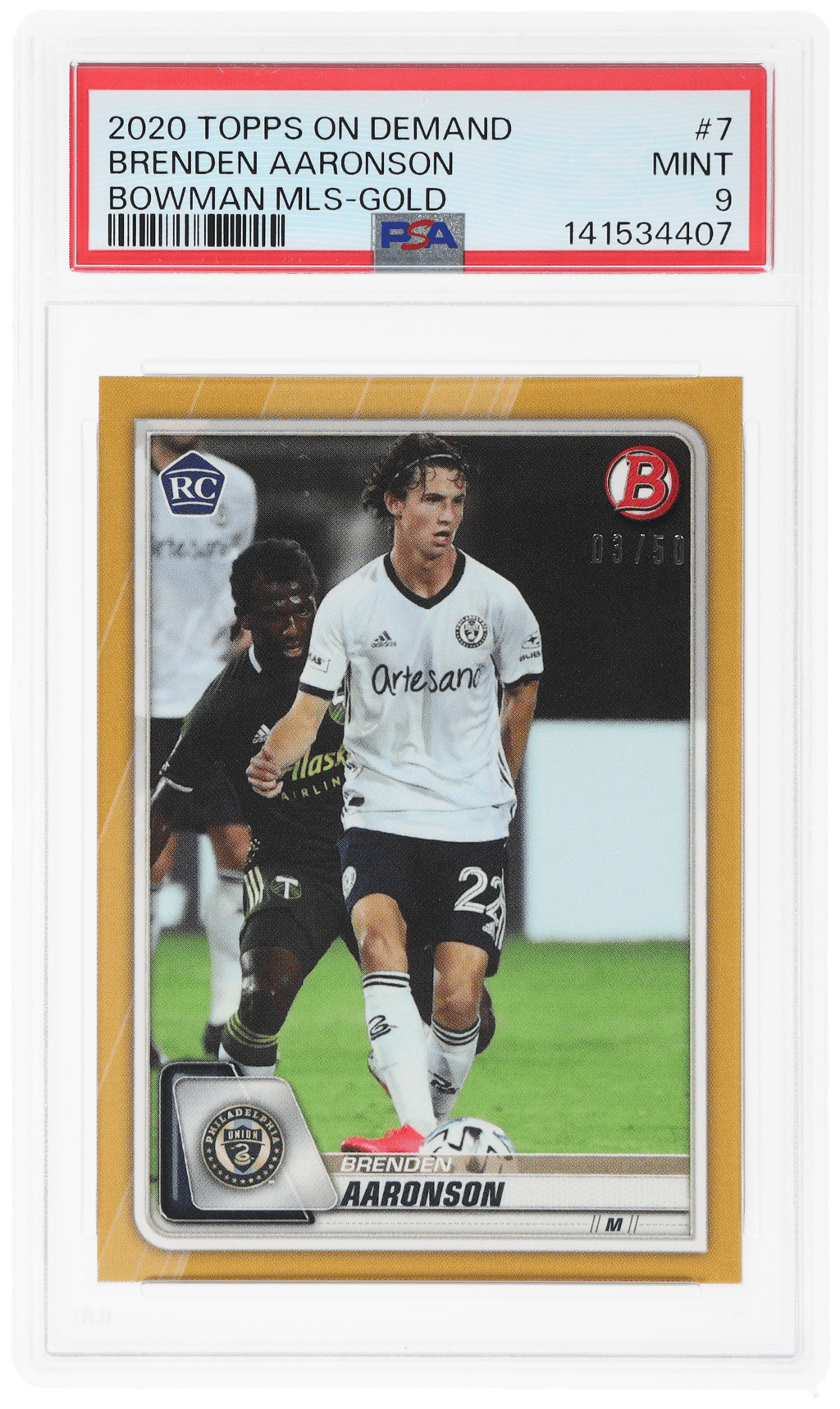 2020 Topps On Demand Bowman MLS Gold Brenden Aaronson #7 3/50 PSA 9