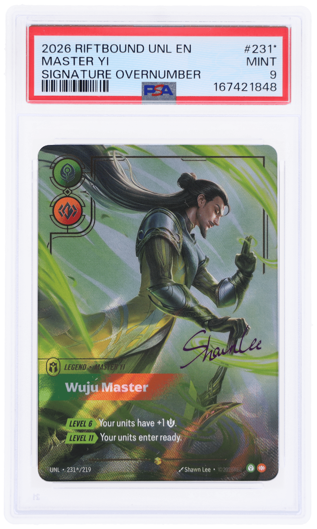 2026 Riftbound League of Legends Unleashed Signature Overnumber Master Yi #231* PSA 9
