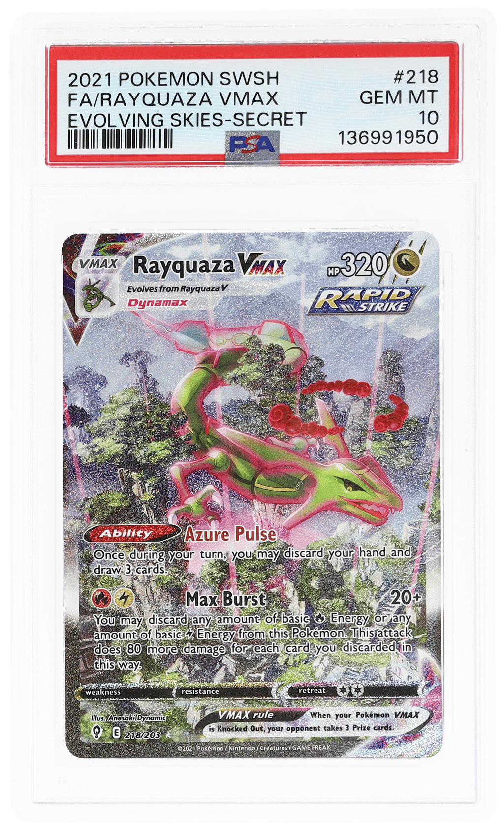 2021 Pokemon Sword and Shield Evolving Skies Secret Rare Rayquaza Vmax #218 PSA 10
