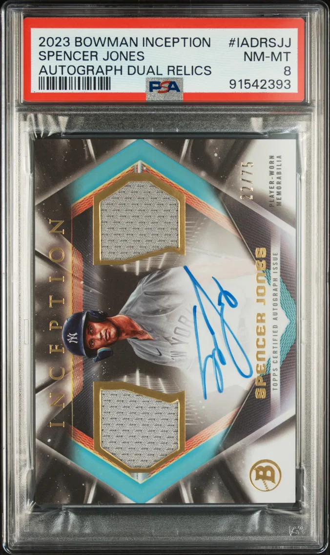 2023 #IADRSJJ SPENCER JONES PSA 8 Bowman Inception Autograph Dual Relics — Uncommon