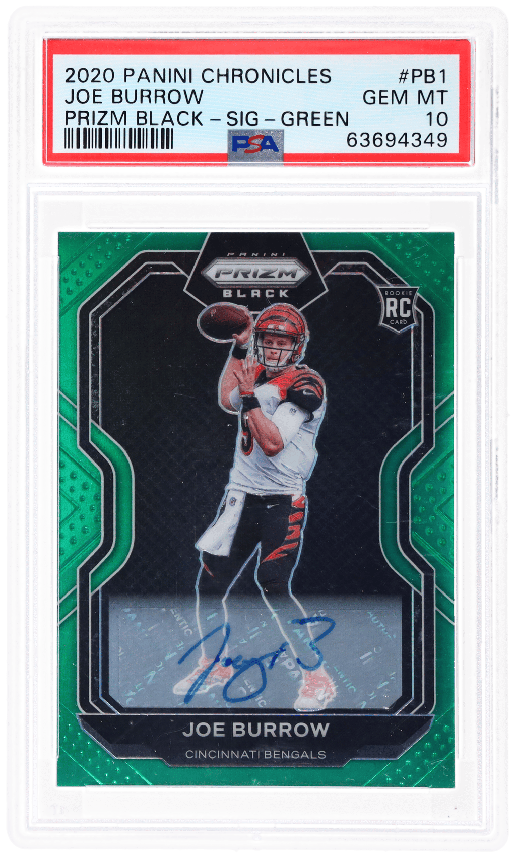 2020 Panini Chronicles Prizm Black Signature Green Joe Burrow #PB-1 43/49 PSA 10