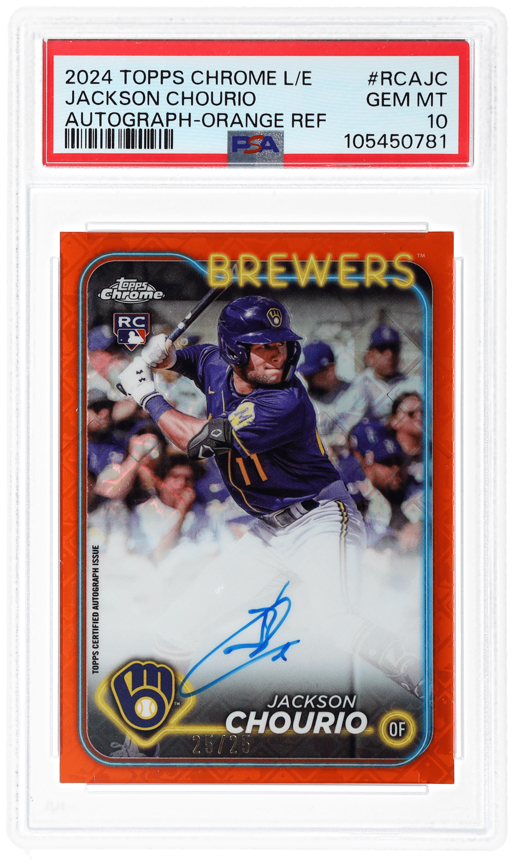 2024 Topps Chrome Logofractor Autographs Orange Refractors Jackson Chourio #RCAJC 25/25 PSA 10