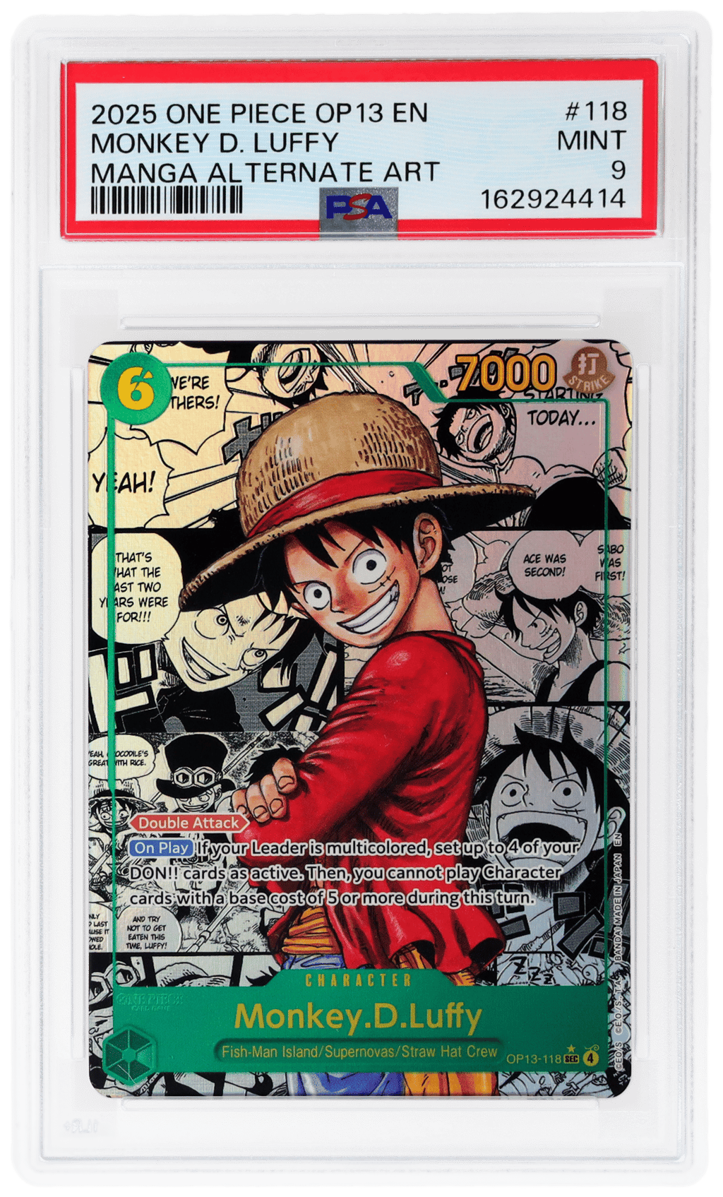 2025 One Piece Carrying On His Will Manga Alternate Art Monkey D. Luffy #OP13-118 PSA 9