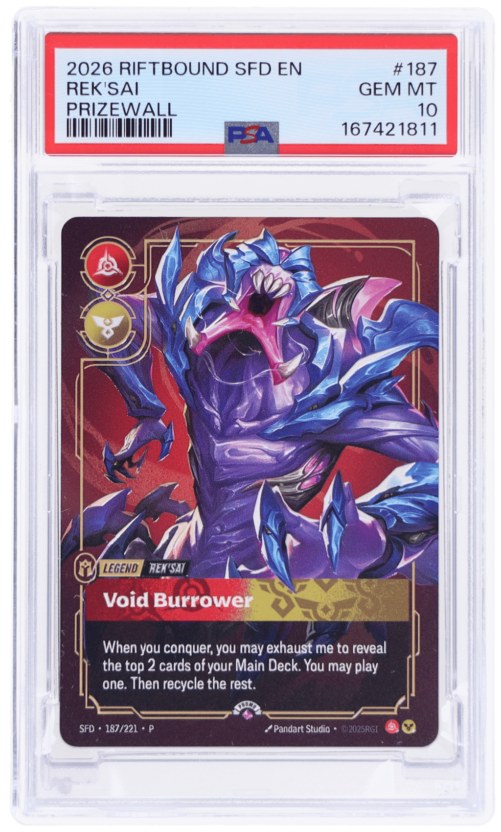 2026 Riftbound League of Legends Plated Legends Promo Rek'sai Metal Regional Qualifier Prize Wall Void Burrower #187 PSA 10