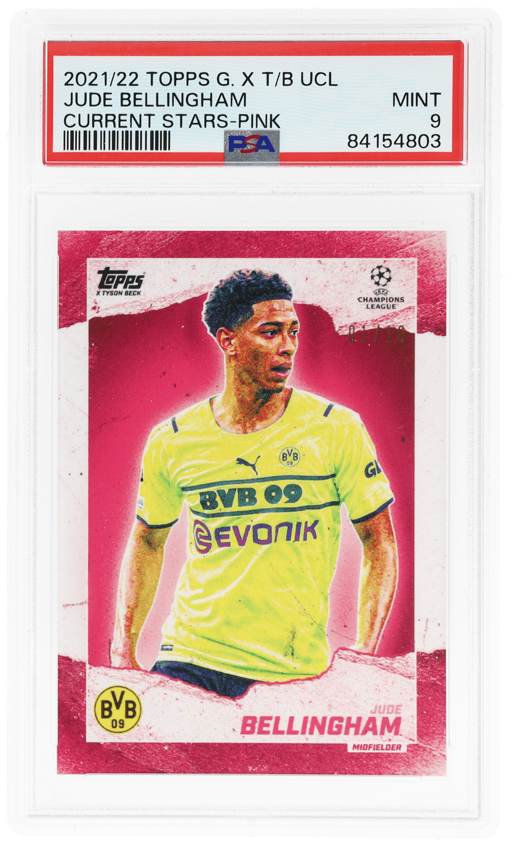 2021 Topps Gold X Tyson Beck UEFA Champions League Current Stars Pink Jude Bellingham 1/10 PSA 9