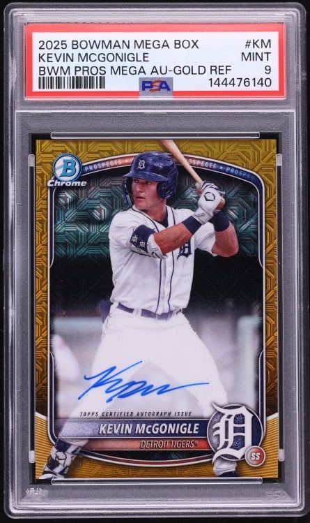 2025 Bowman Chrome Mega Box Gold Refractor Kevin McGonigle PROSPECT AUTO /50 #BMA-KM PSA 9 MINT