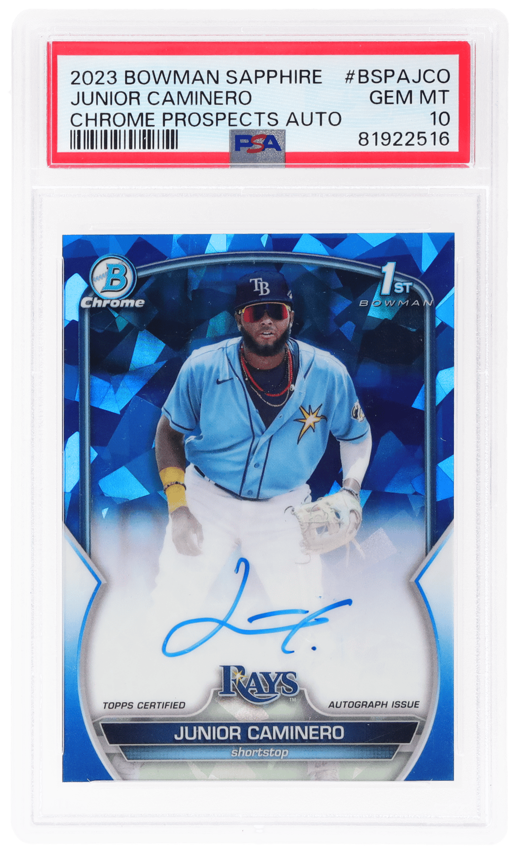 2023 Bowman Chrome Sapphire Prospect Autograph Junior Caminero #BSPA-JCO PSA 10