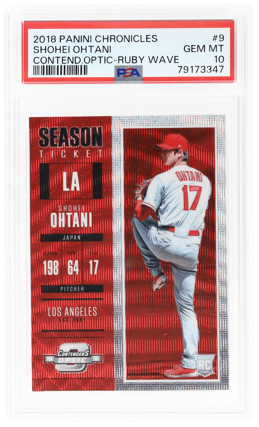 2018 Panini Contenders Optic Ruby Wave Prizm Shohei Ohtani #9 58/199 PSA 10