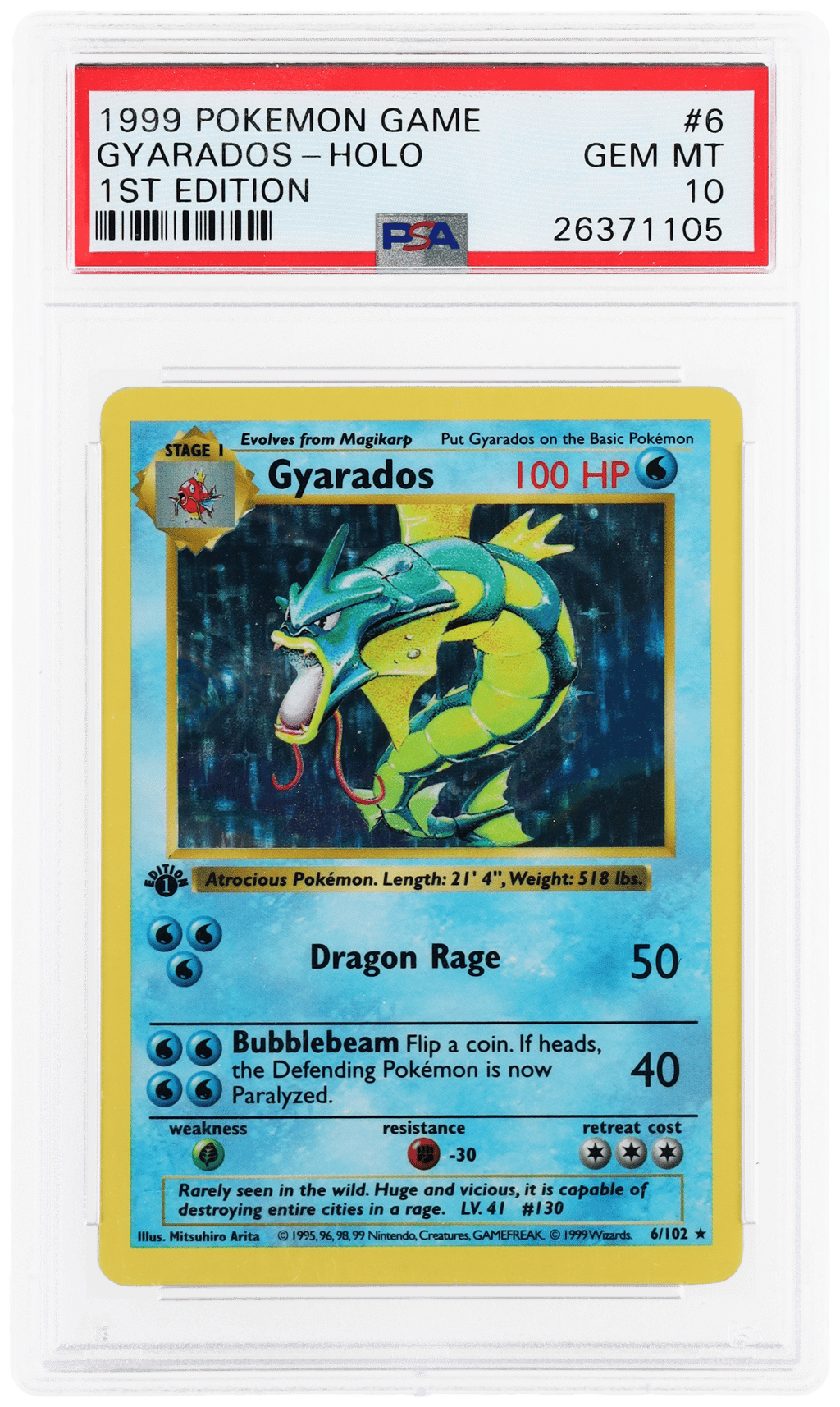 1999 Pokemon Base Set 1st Edition Holo Gyarados #6 PSA 10