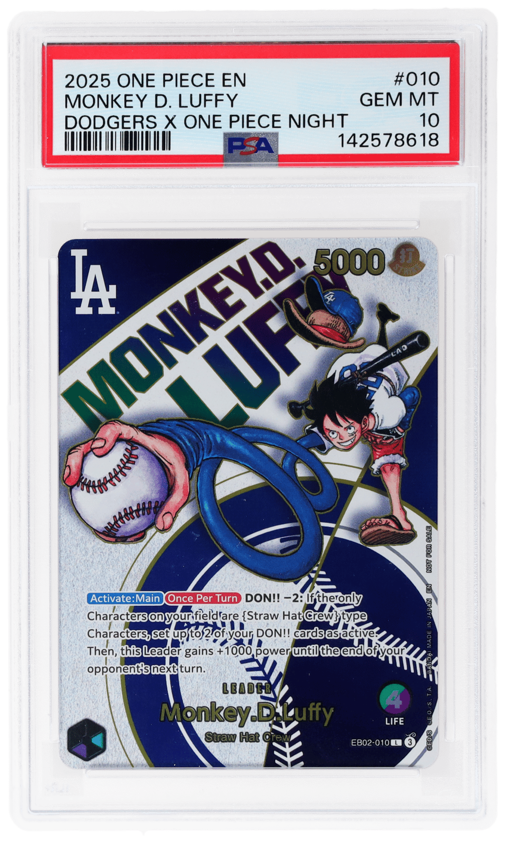 2025 One Piece Dodgers X Night Promo Leader Monkey D. Luffy #EB02010 PSA 10