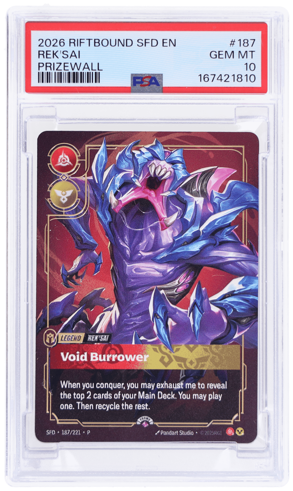 2026 Riftbound League of Legends Plated Legends Promo Rek'sai Metal Regional Qualifier Prize Wall Void Burrower #187 PSA 10