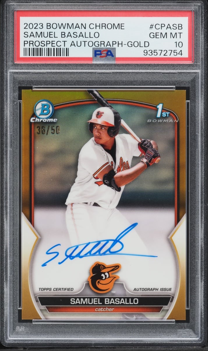 2023 Bowman Chrome Gold Refractor Samuel Basallo ROOKIE AUTO /50 #CPASB PSA 10 GEM