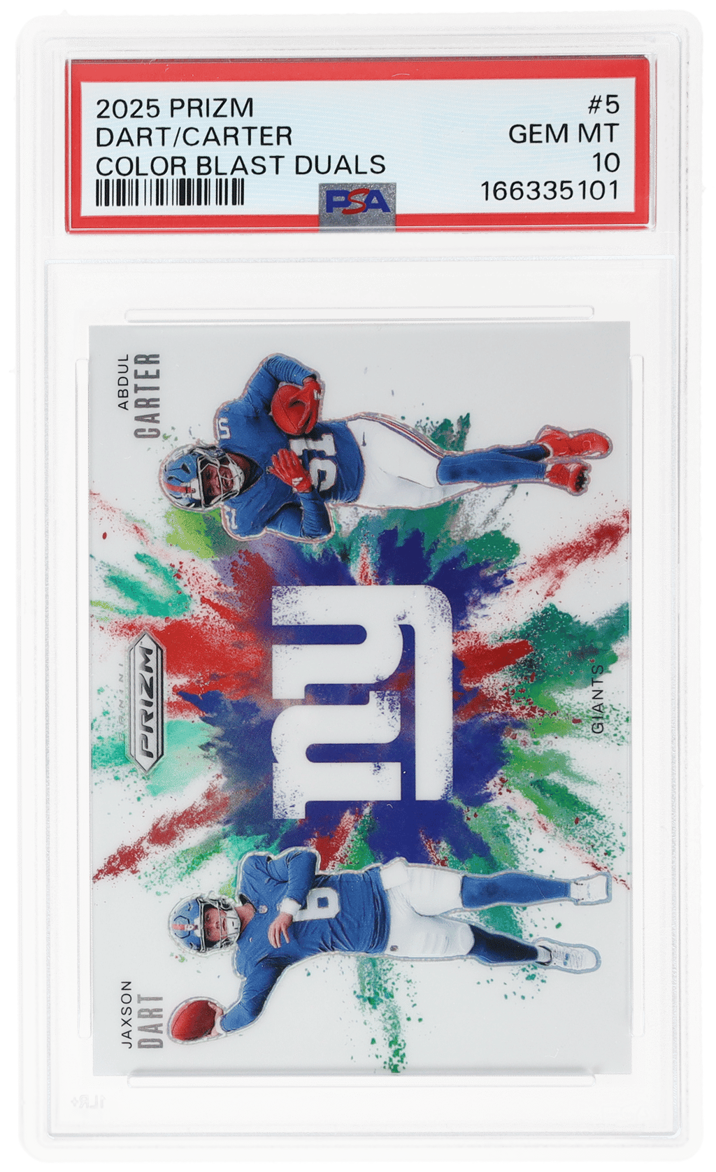 2025 Panini Prizm Color Blast Duals Abdul Carter/Jaxson Dart #5 PSA 10