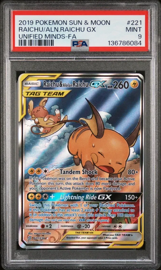 2019 #221 Full Art/Raichu & Alolan Raichu GX PSA 9 Sun & Moon Unified Minds — Rare