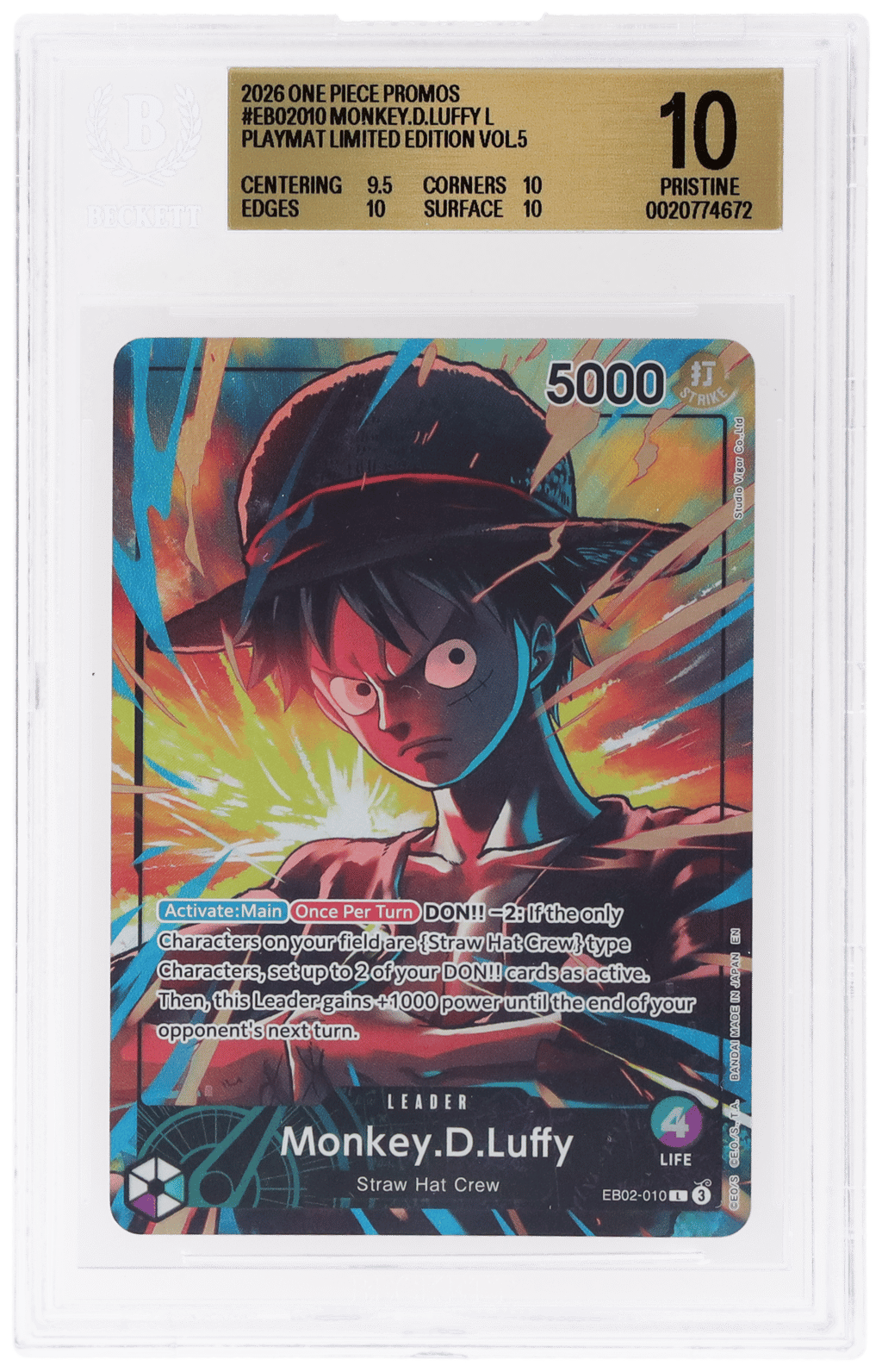 2026 One Piece Promo Playmat Limited Edition Volume 5 Leader Monkey D. Luffy #EB02010 BGS 10