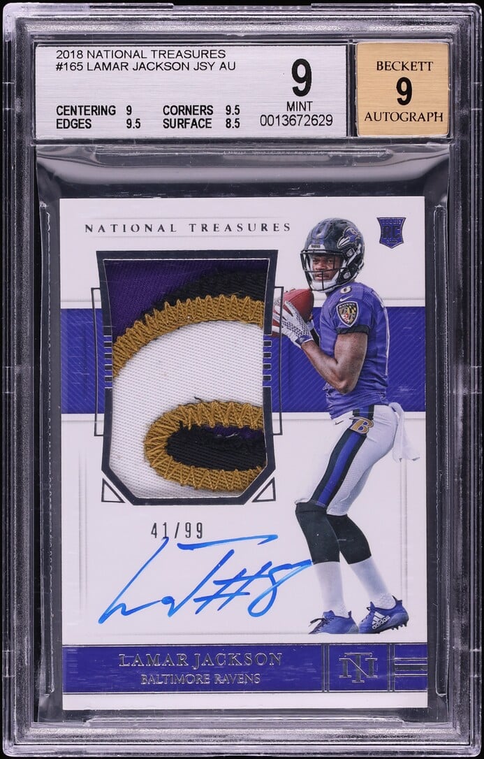 2018 National Treasures Lamar Jackson ROOKIE PATCH AUTO /99 #165 BGS 9 MINT