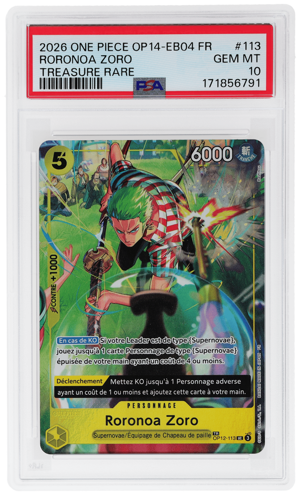 2026 One Piece French Op14-Eb04 the Azure Sea's Seven Treasure Rare Roronoa Zoro #113 PSA 10