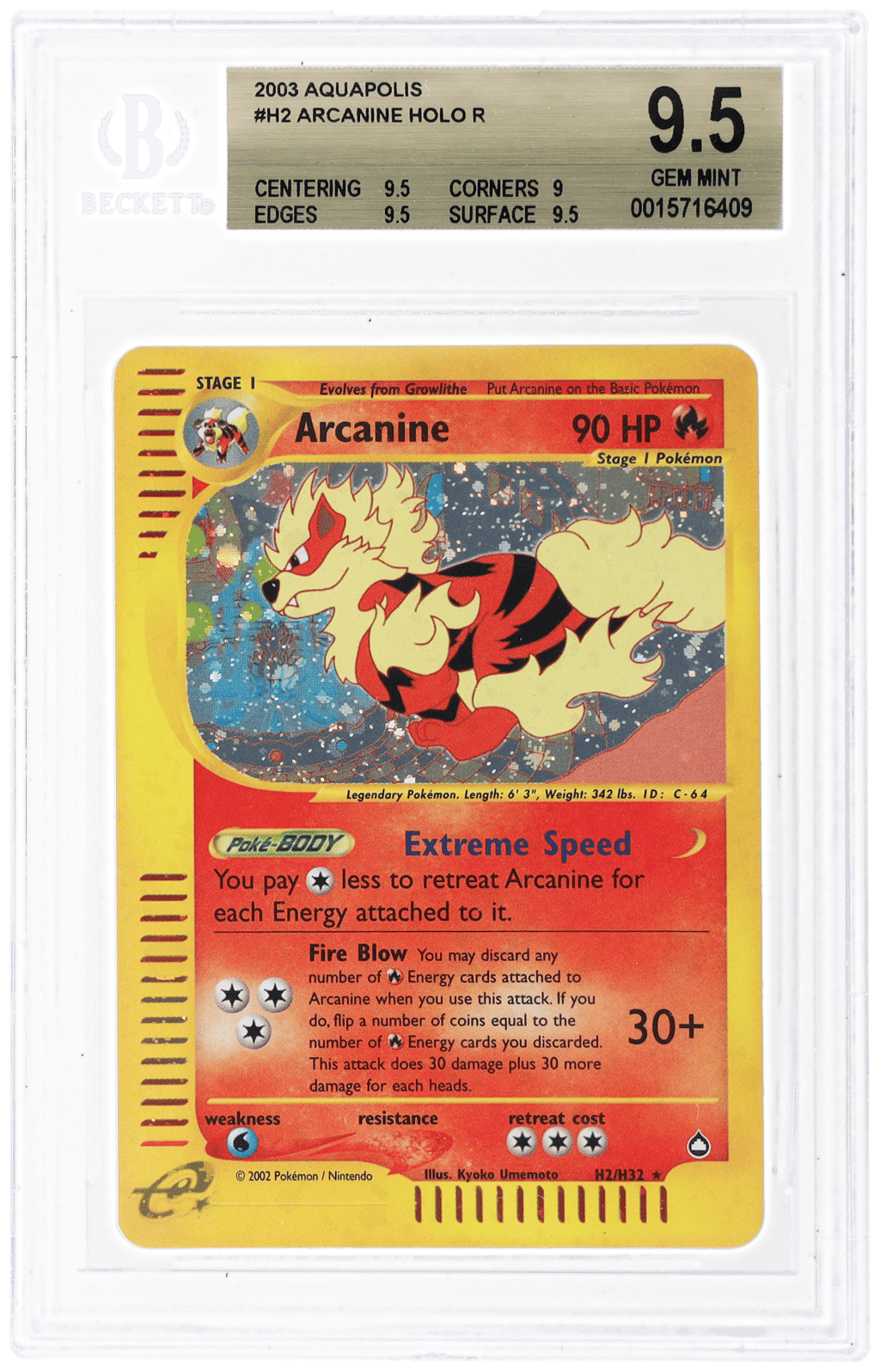 2003 Aquapolis English Holo (Hp 90) Arcanine #H2 BGS 9.5