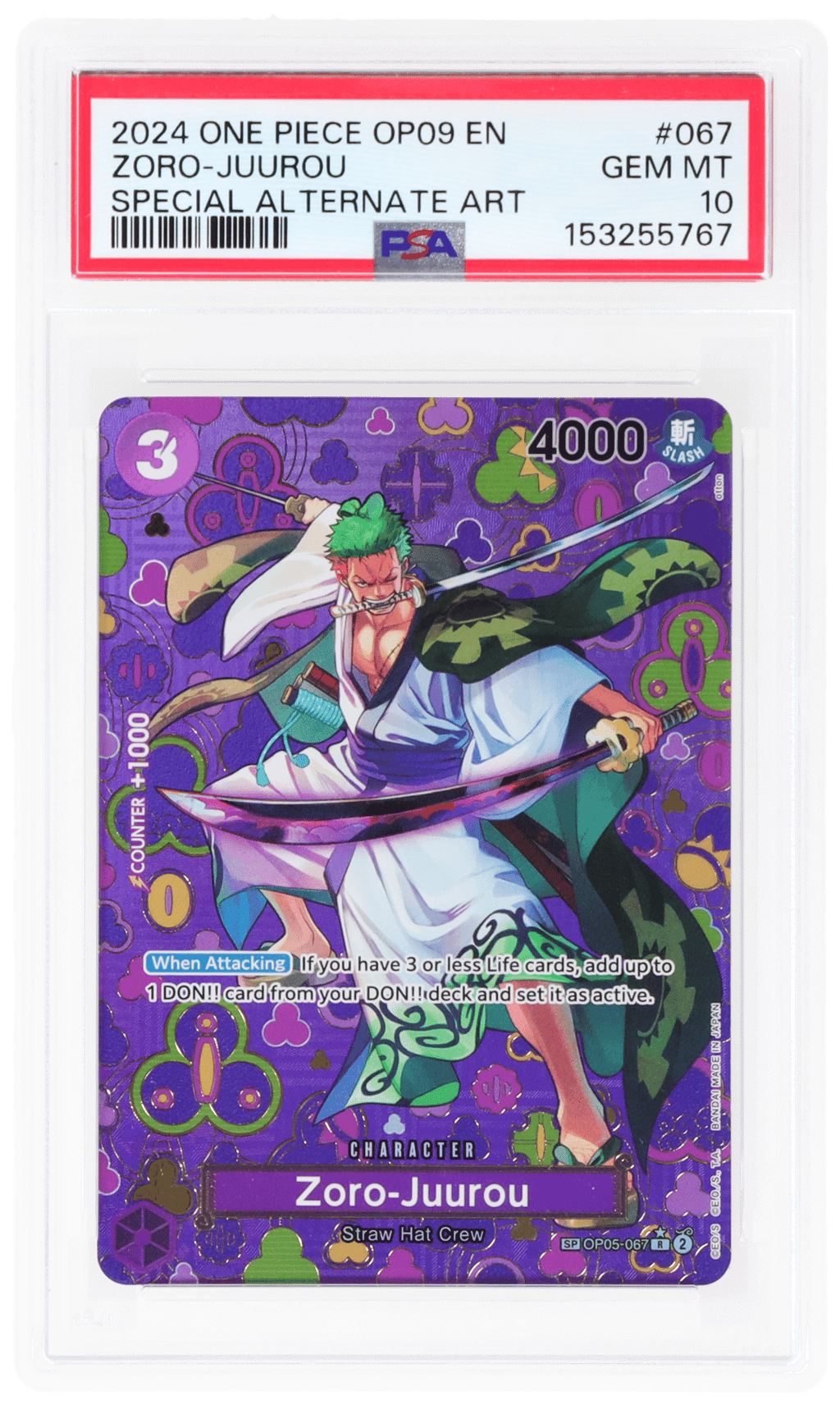 2024 One Piece Emperors In the New World Special Alternate Art Zoro Juurou #OP05-067 PSA 10