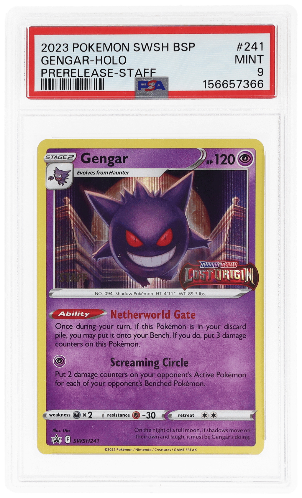 2023 Pokemon Sword and Shield Black Star Promo Prerelease Staff Holo Gengar #241 PSA 9