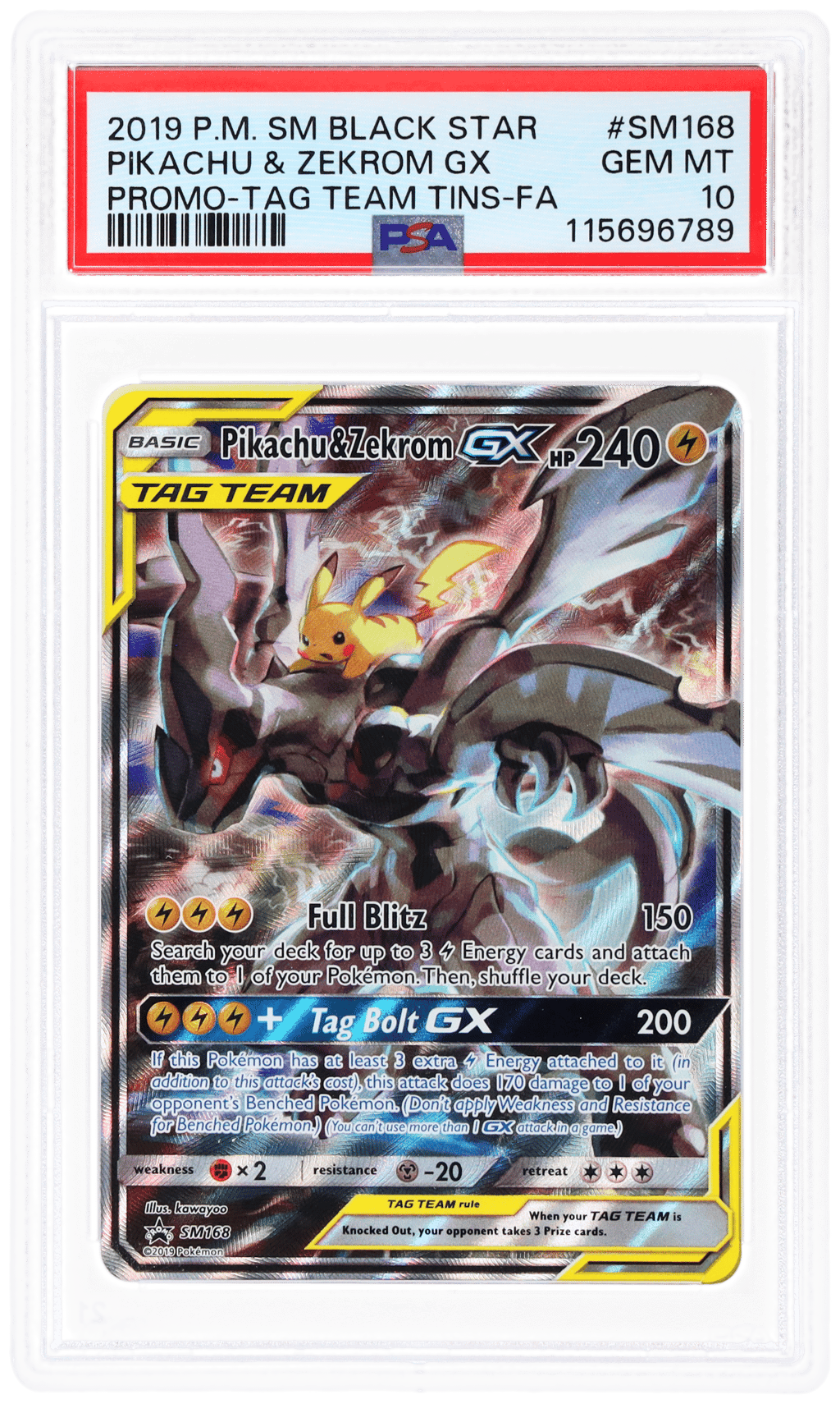 2019 Pokemon Sun and Moon Black Star Promo Tag Team Tins Pikachu/Zekrom Gx #SM168 PSA 10