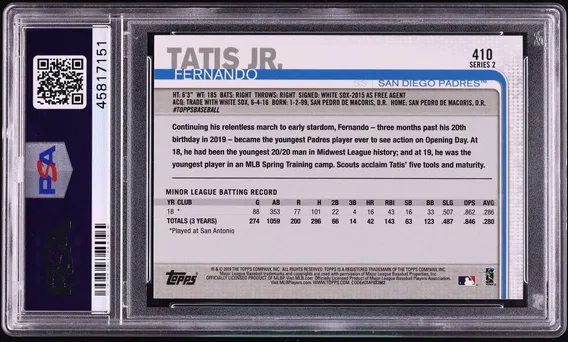 2019 #410 Topps Fernando Tatis Jr. ROOKIE GEM MINT PSA 10, back