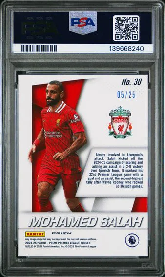 2024 #30 Mohamed Salah PSA 10 Orange Prizm Panini Prizm Premier League Prizm Flashback 2014 Soccer, back