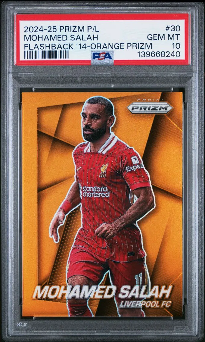 2024 #30 Mohamed Salah PSA 10 Orange Prizm Panini Prizm Premier League Prizm Flashback 2014 Soccer