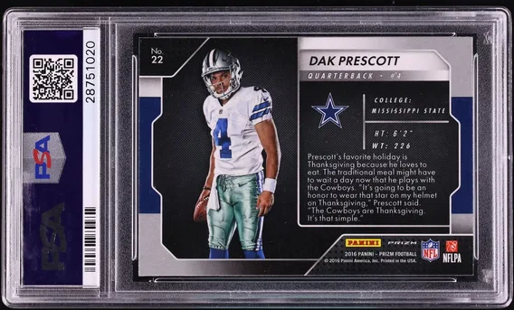 2016 #22 Panini Prizm Introductions Silver Dak Prescott ROOKIE GEM MINT PSA 10, back