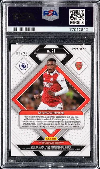 2022 #21 Marquinhos PSA 10 Panini Prizm Premier League Emergent Orange Prizm, back