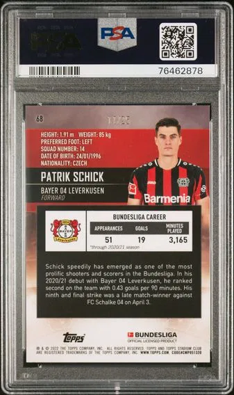 2021 #68 Patrik Schick PSA 10 Topps Stadium Club Chrome Bundesliga, back