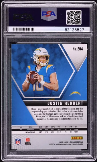 2020 #204 Panini Mosaic Justin Herbert ROOKIE GEM MINT PSA 10, back