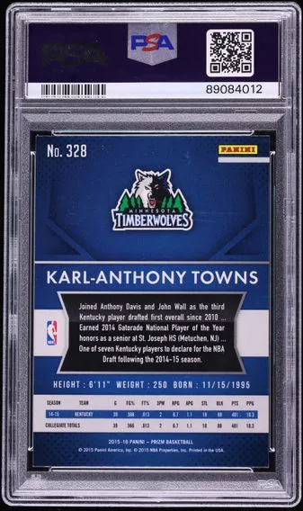 2015 #328 Panini Prizm Karl-Anthony Towns ROOKIE GEM MINT PSA 10, back