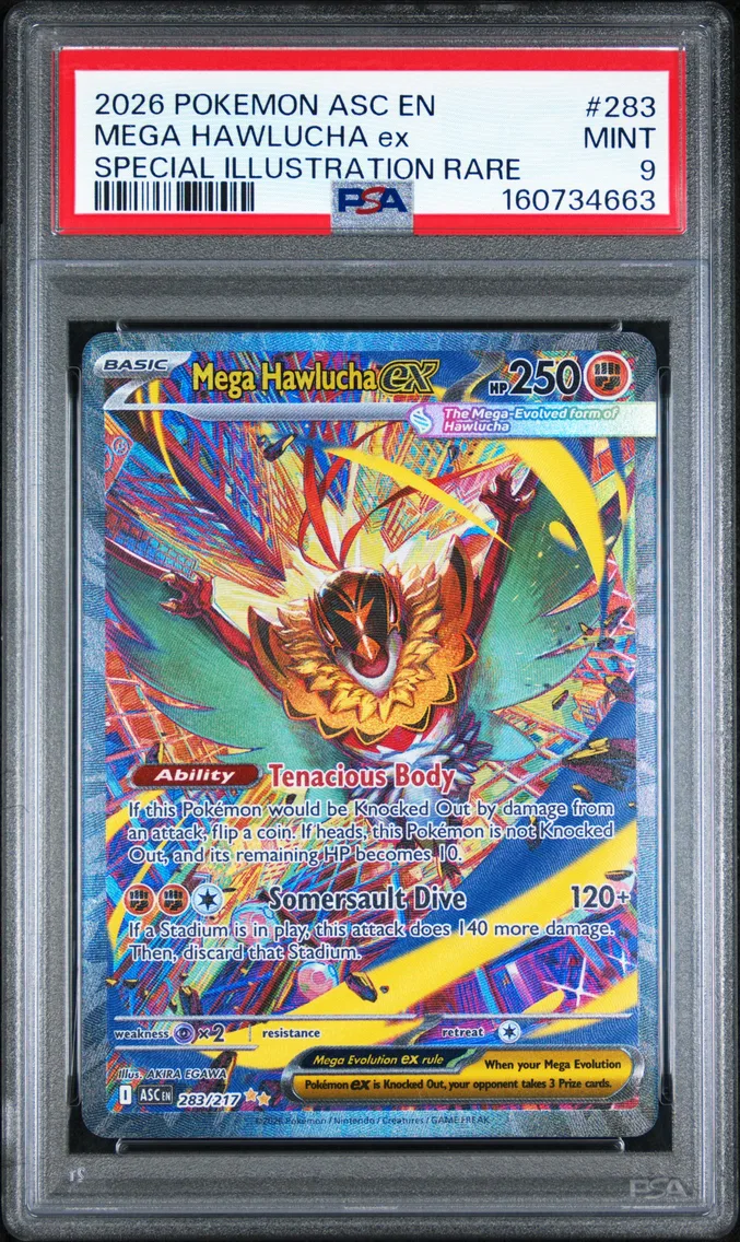 Mega Hawlucha ex #283, PSA 9 Mint, front of the slab
