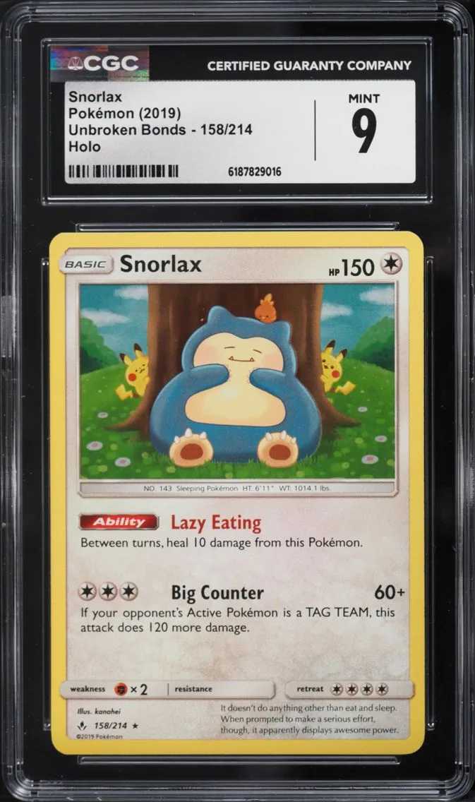 2019 #158 Snorlax CGC 9 Pokemon Sun & Moon Unbroken Bonds Holo