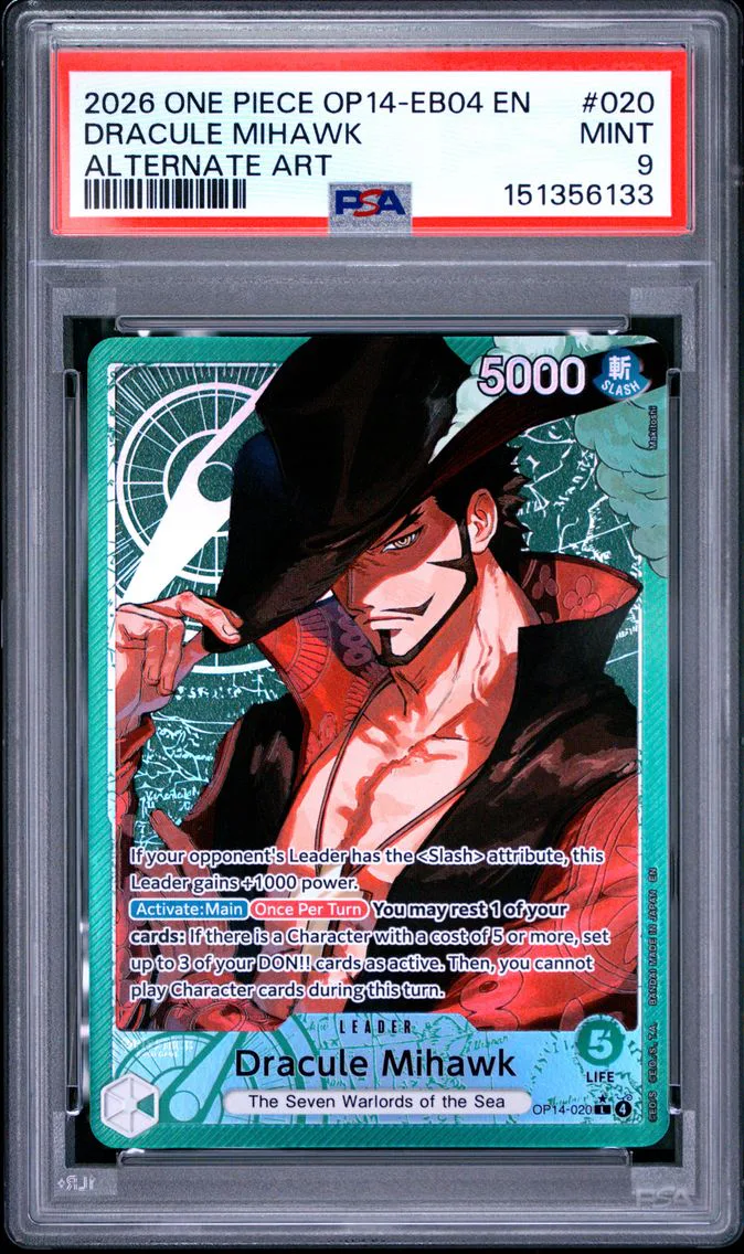 2026 #020 Dracule Mihawk PSA 9 One Piece OP14-EB04-the Azure Sea's Seven