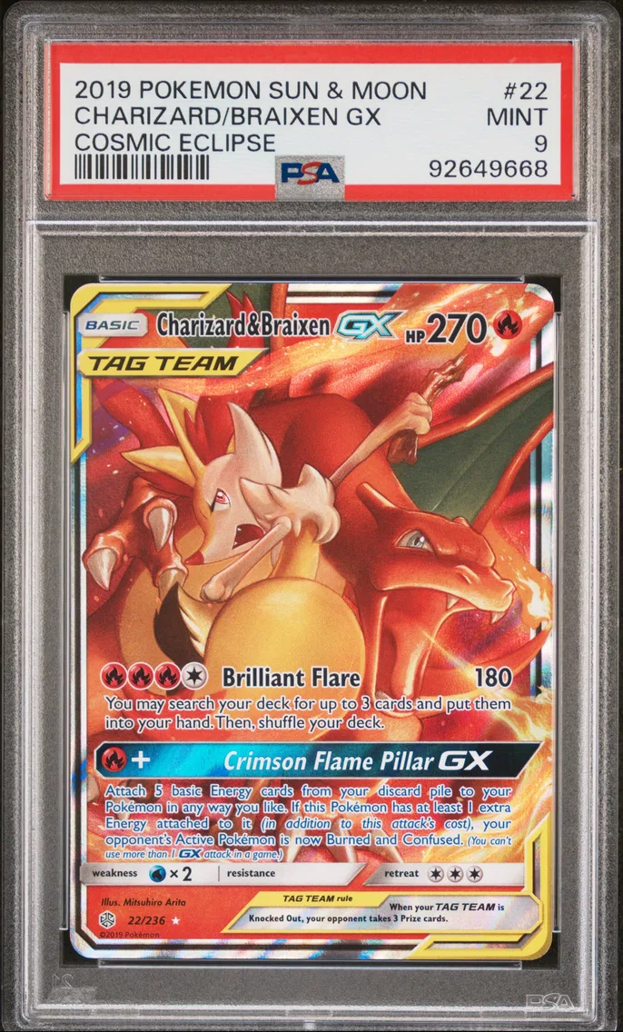 2019 #22 Charizard & Braixen GX PSA 9 Sun & Moon Cosmic Eclipse